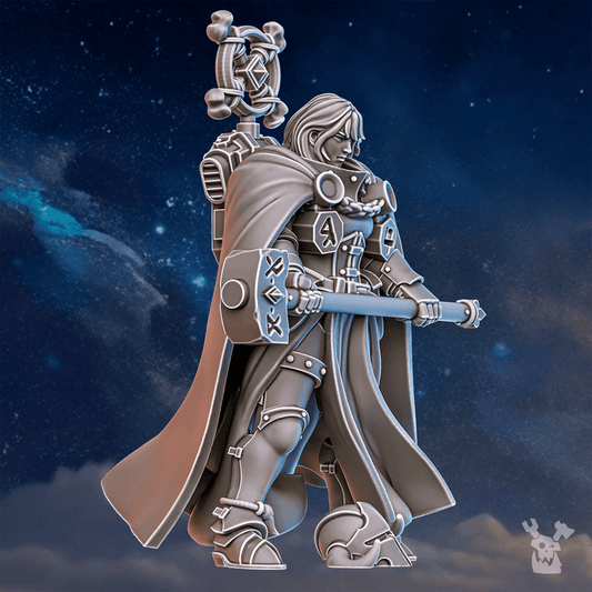Battle Sisters Runerules Master, proxy miniature, character, 28mm heroic scale unpainted resin, view 2