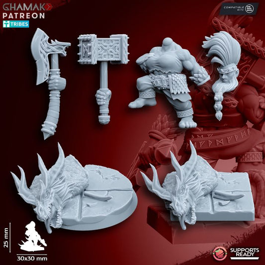 Dwarf Berzerker Dragon Slayer, resin miniature, 28mm heroic scale unpainted resin, view 2