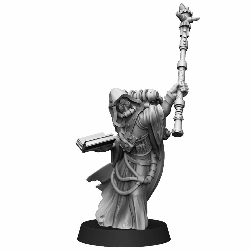 Tech Priests Scavenger Cultist With Staff, proxy miniature, 28mm heroic scale unpainted resin, view 3