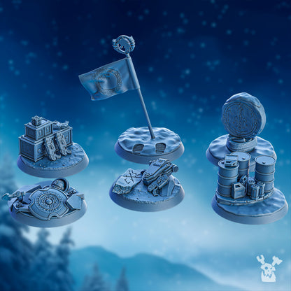 Wolf Knights Objective Markers, resin miniature bases, 28mm heroic scale unpainted resin, view 2