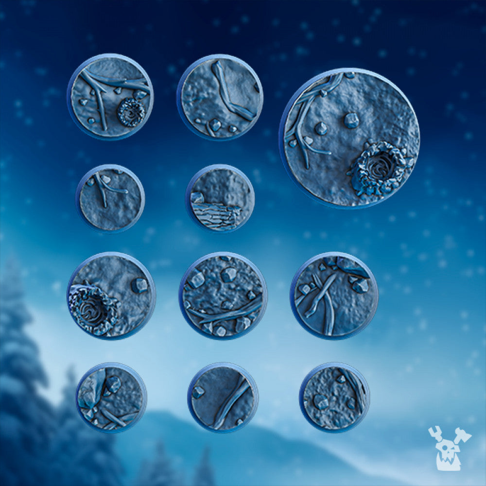 Wolf Knights Frozen Forest Bases Set, resin miniature bases, bits, 28mm heroic scale unpainted resin