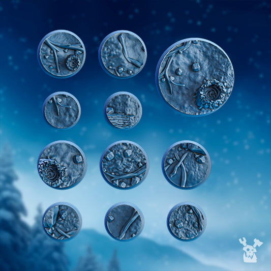 Wolf Knights Frozen Forest Bases Set, resin miniature bases, bits, 28mm heroic scale unpainted resin