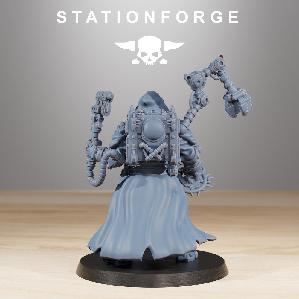 Scavenger Techno Priest, Tech Priests proxy miniature, character, 28mm heroic scale unpainted resin, view 3