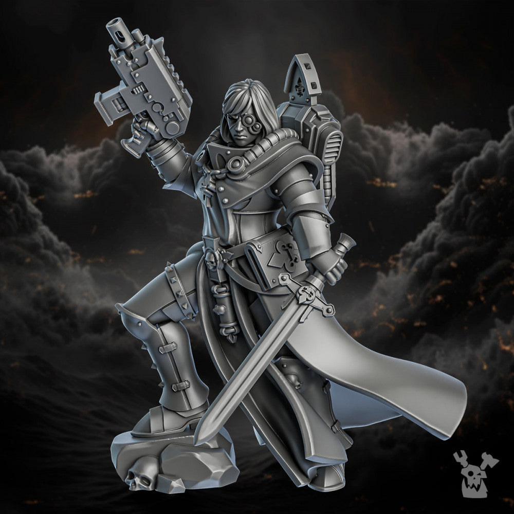 Battle Sisters Verid, proxy miniature, 28mm heroic scale unpainted resin, view 2