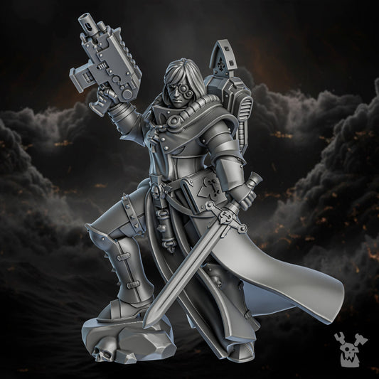 Battle Sisters Verid, proxy miniature, 28mm heroic scale unpainted resin, view 2