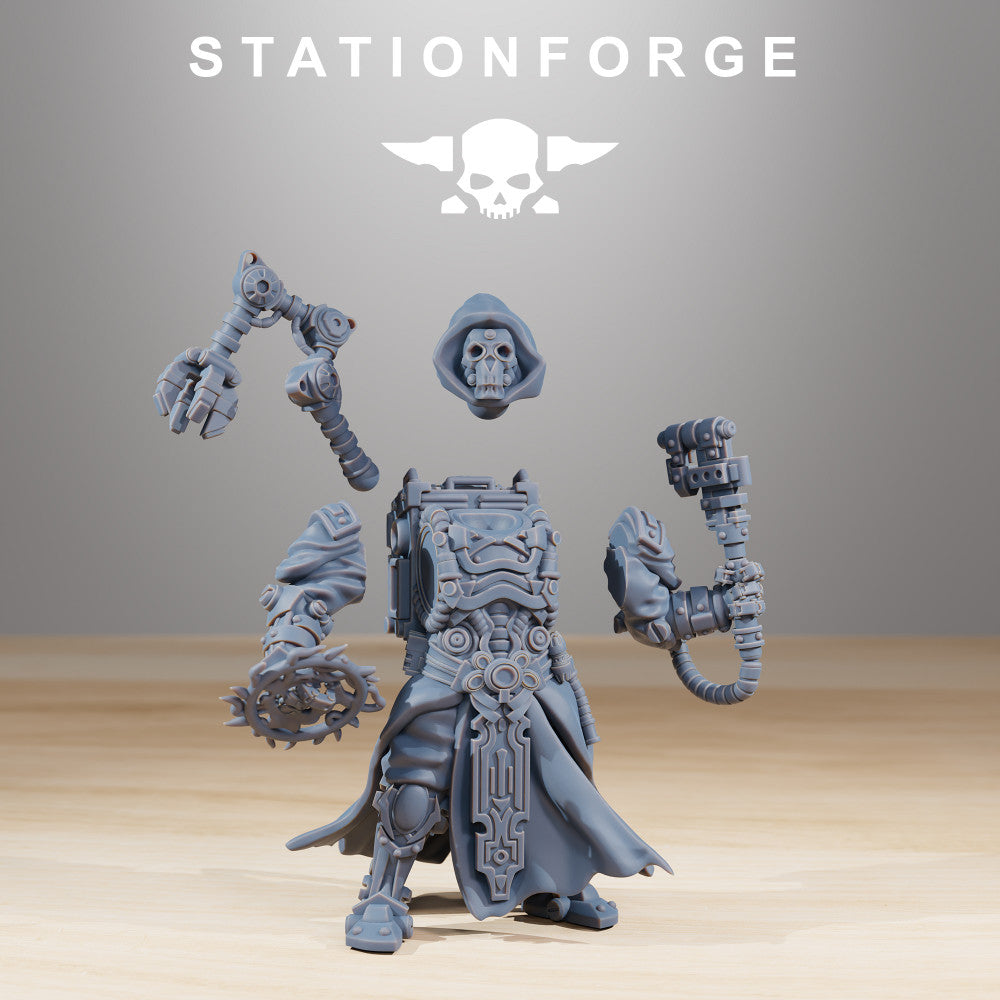 Scavenger Techno Priest, Tech Priests proxy miniature, character, 28mm heroic scale unpainted resin, view 2