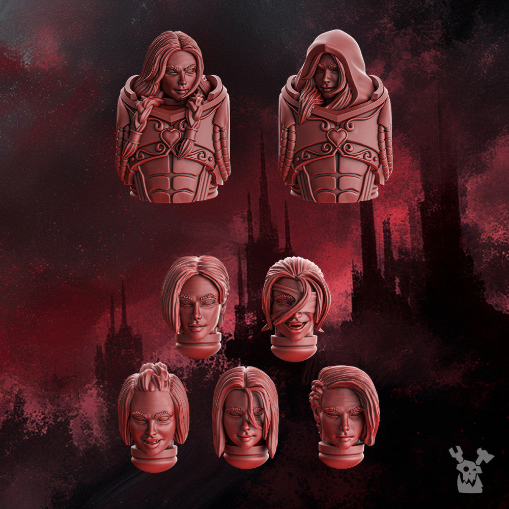 Crimson Knights Female Heads Set, resin conversion bits, 28mm heroic scale unpainted resin