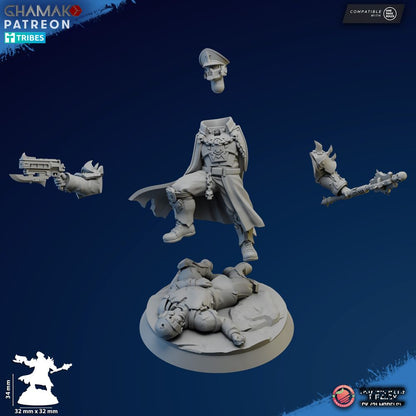 Dark Space Knights Commissar, proxy miniature, 28mm heroic scale unpainted resin, view 2