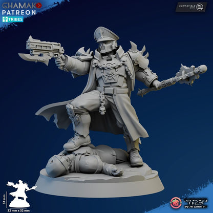 Dark Space Knights Commissar, proxy miniature, 28mm heroic scale unpainted resin