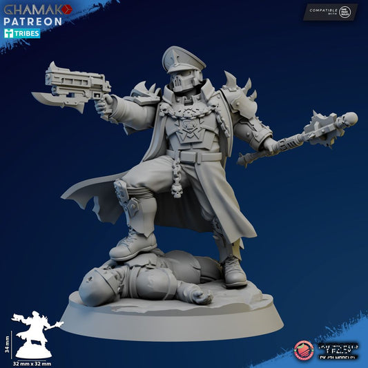 Dark Space Knights Commissar, proxy miniature, 28mm heroic scale unpainted resin