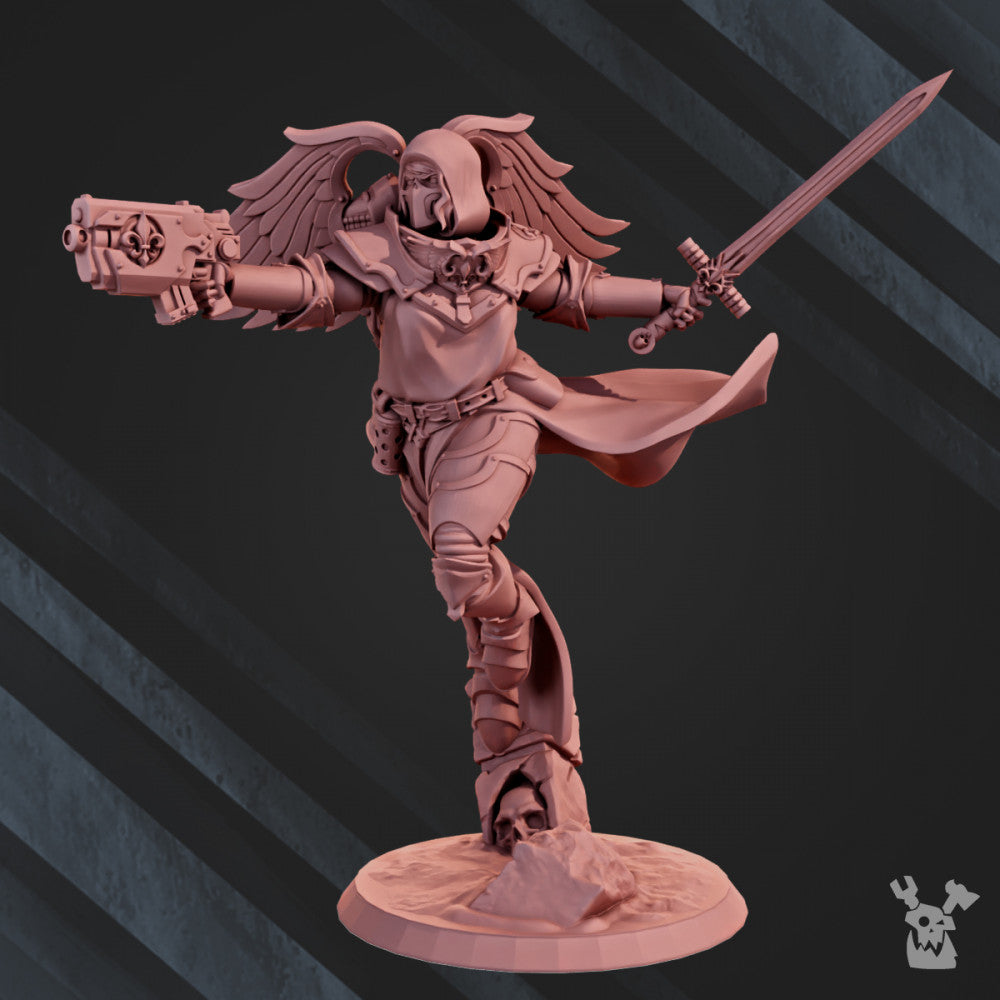 Battle Sisters Angel Of War, proxy miniature, 28mm heroic scale unpainted resin, view 6