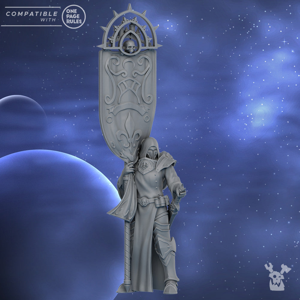 Battle Sisters Standard Bearer Of The St Moon, proxy miniature, 28mm heroic scale unpainted resin