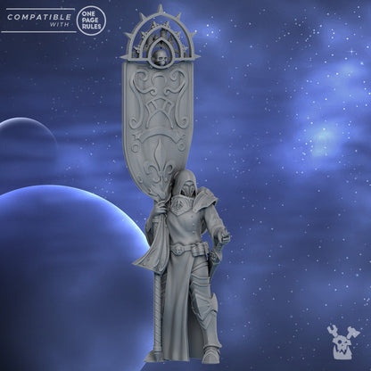 Battle Sisters Standard Bearer Of The St Moon, proxy miniature, 28mm heroic scale unpainted resin