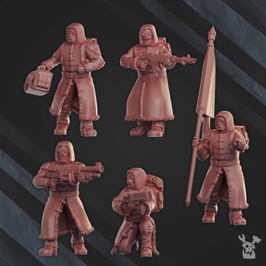 Frostborn Division Command Squad, Imperial Army proxy miniature, 28mm heroic scale unpainted resin