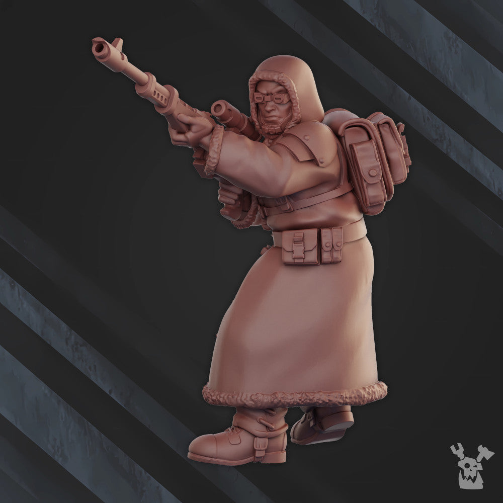 Frostborn Division Snipers Squad, Imperial Army proxy miniature, 28mm heroic scale unpainted resin, view 3