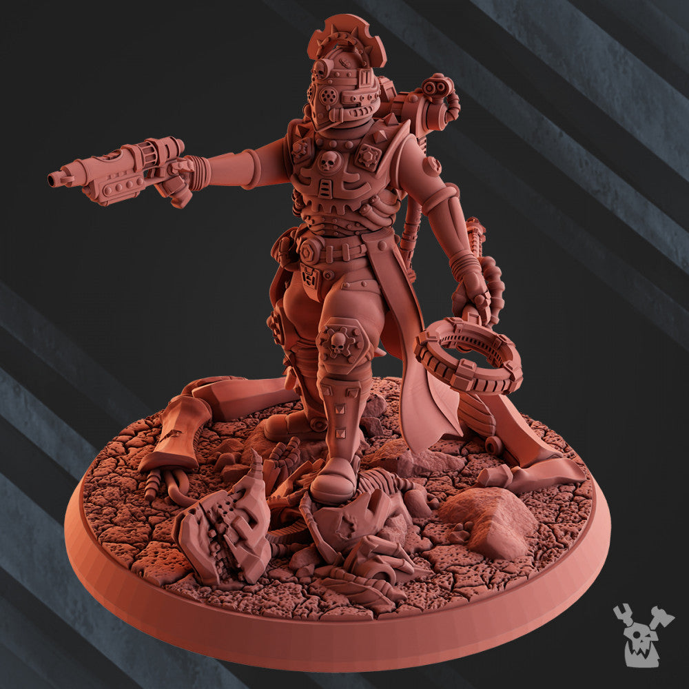 Machine Cult Marshal Geargrinder, Tech Priests proxy miniature, 28mm heroic scale unpainted resin, view 3