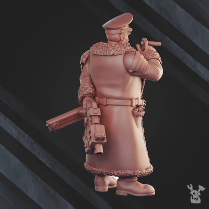 Frostborn Division Prosecutor Kustov, Imperial Army proxy miniature, 28mm heroic scale unpainted resin, view 2