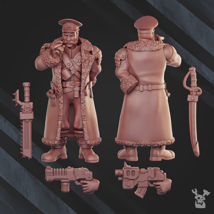 Frostborn Division Prosecutor Kustov, Imperial Army proxy miniature, 28mm heroic scale unpainted resin, view 3