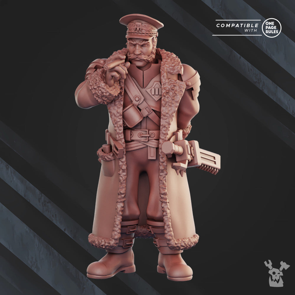 Frostborn Division Prosecutor Kustov, Imperial Army proxy miniature, 28mm heroic scale unpainted resin