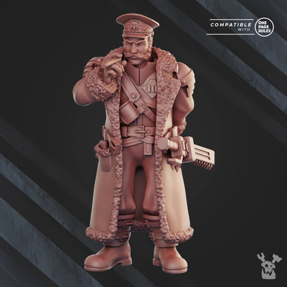 Frostborn Division Prosecutor Kustov, Imperial Army proxy miniature, 28mm heroic scale unpainted resin
