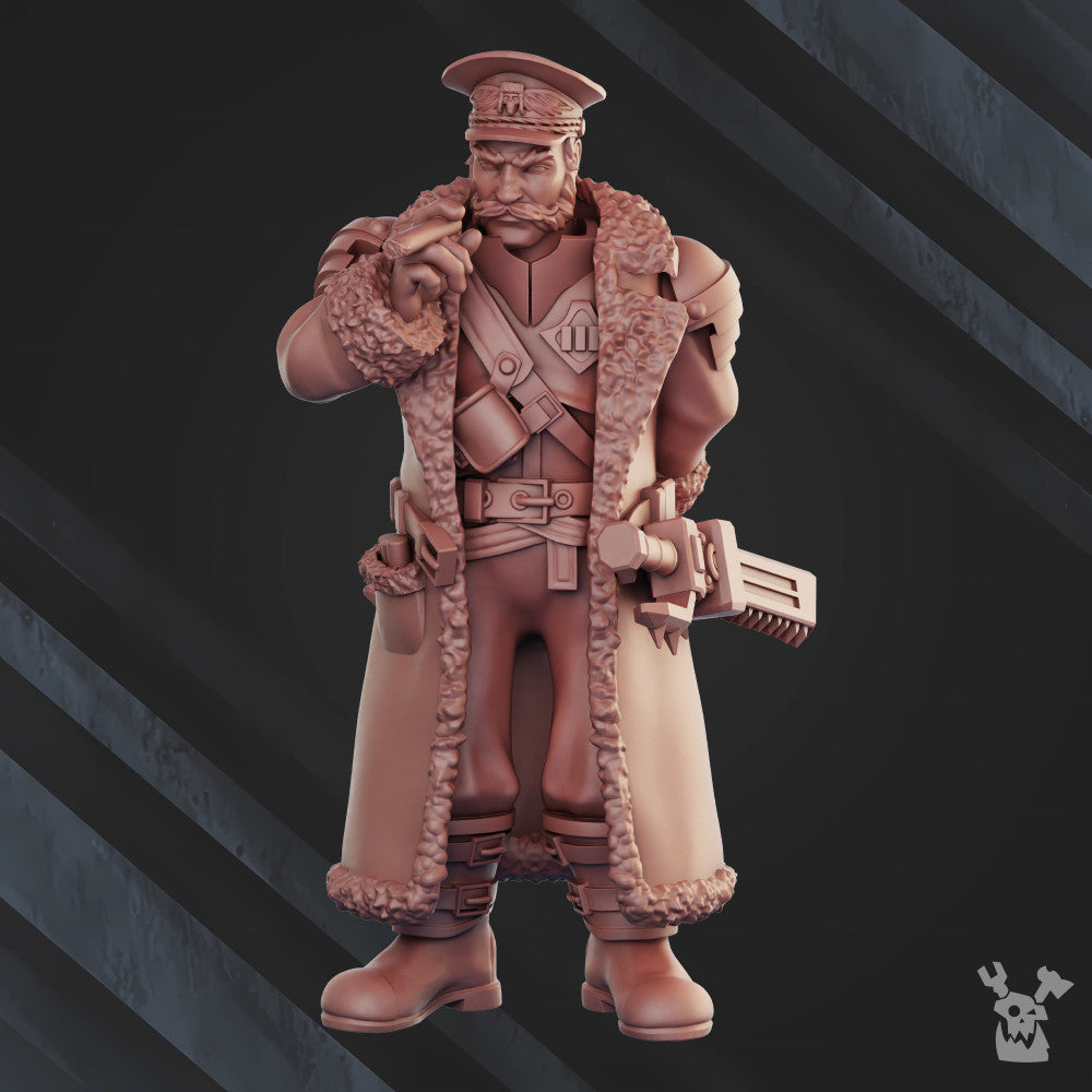Frostborn Division Prosecutor Kustov, Imperial Army proxy miniature, 28mm heroic scale unpainted resin, view 4