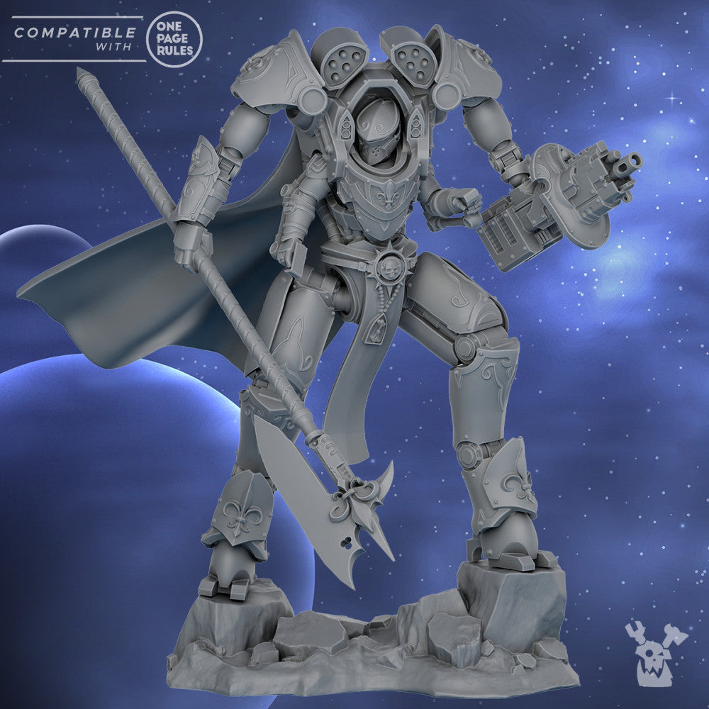 Battle Sisters Commander Scythe In Exosuit, proxy miniature, character, 28mm heroic scale unpainted res