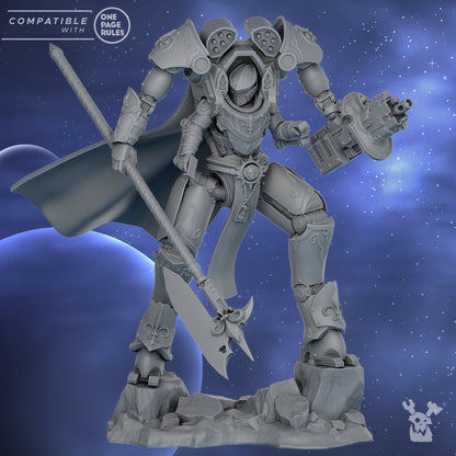 Battle Sisters Commander Scythe In Exosuit, proxy miniature, character, 28mm heroic scale unpainted res