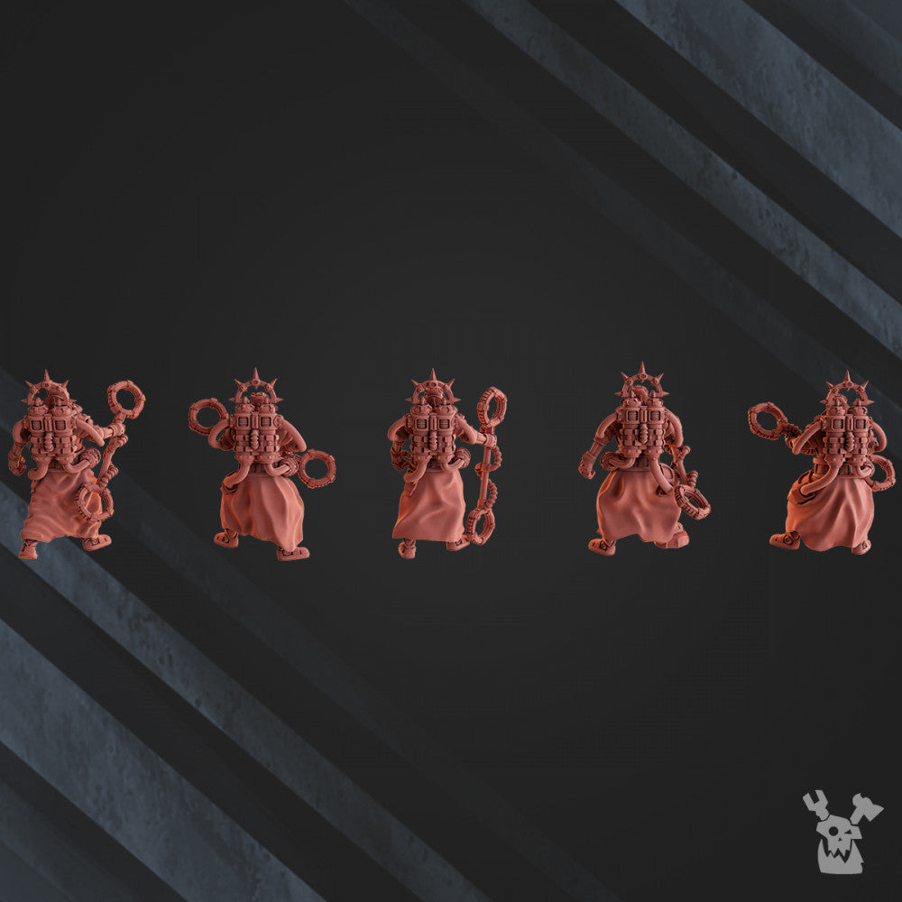 Machine Cult Shock Priests With Staff, Tech Priests proxy miniature, character, 28mm heroic scale unpainted resin, view 2