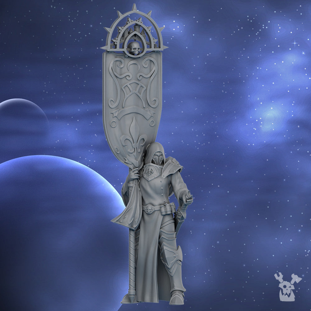 Battle Sisters Standard Bearer Of The St Moon, proxy miniature, 28mm heroic scale unpainted, view 5