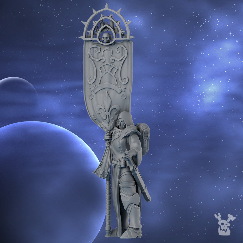 Battle Sisters Standard Bearer Of The St Moon, proxy miniature, 28mm heroic scale unpainted, view 2
