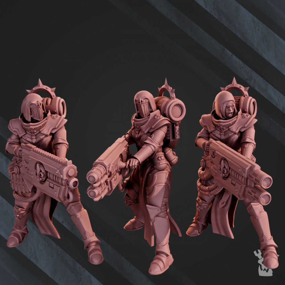 Battle Sisters Team With Heavy Weapons, proxy miniature, squad, 28mm heroic scale unpainted resin