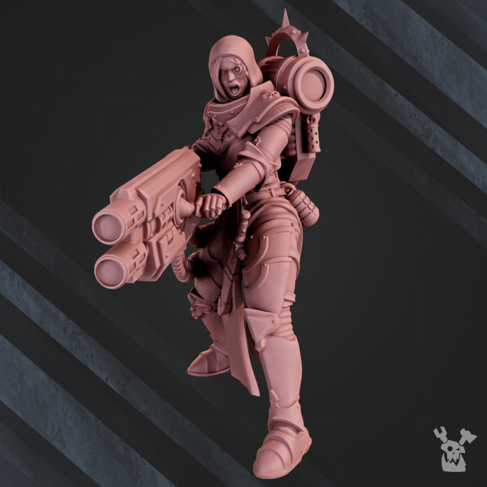 Battle Sisters Team With Heavy Weapons, proxy miniature, squad, 28mm heroic scale unpainted resin, view 3