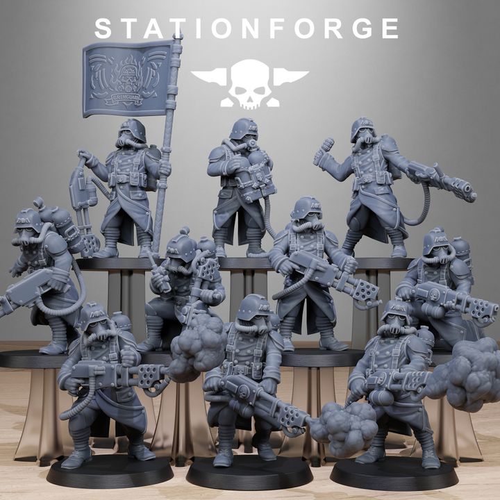 Grim Guard Flamers, Imperial Army proxy miniature, infantry, 28mm heroic scale unpainted resin