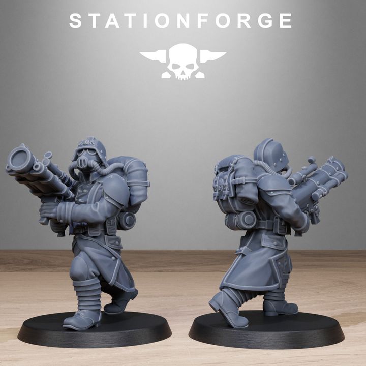 Grim Guard Rocketeers, Imperial Army proxy miniature, infantry, 28mm heroic scale unpainted resin, view 4