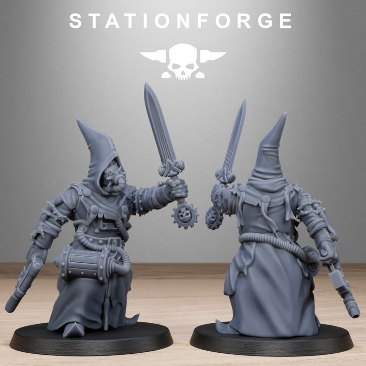 Scavenger Mystics, Tech Priests proxy miniature, 28mm heroic scale unpainted resin, view 3