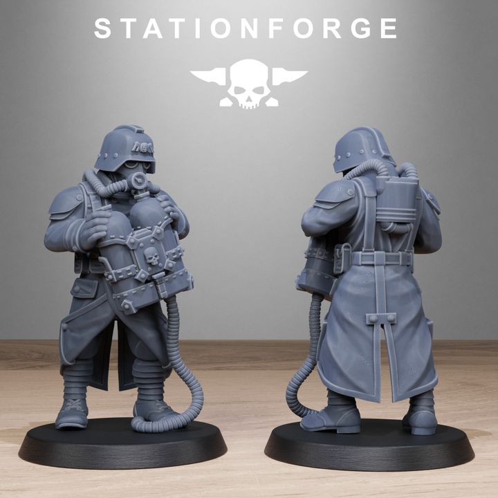 Grim Guard Flamers, Imperial Army proxy miniature, infantry, 28mm heroic scale unpainted resin, view 4