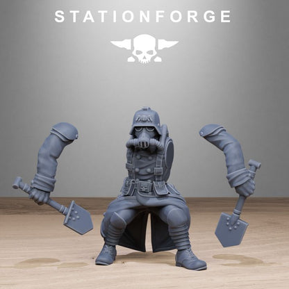 Grim Guard Shovel Fighter, Imperial Army proxy miniature, infantry, 28mm heroic scale unpainted resin, view 3