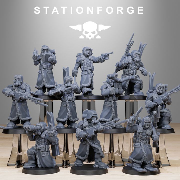Imperial Army Grim Guard Frostwatch Skiers (10 Units), 28mm heroic scale unpainted resin