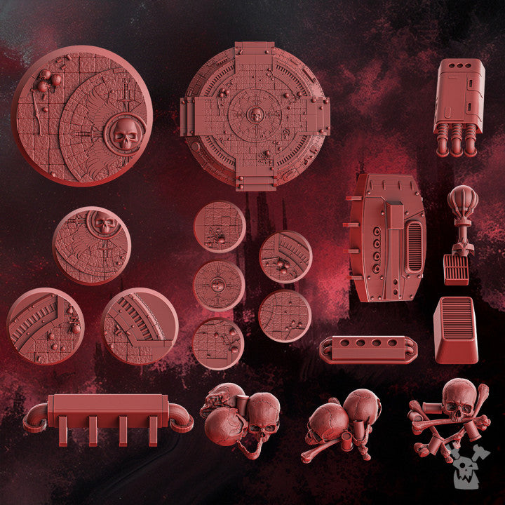 Crimson Knights Decor Set, resin miniature bases, bits, 28mm heroic scale unpainted resin