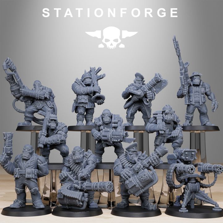 Orks Team Fighters With Gun (10 Units), proxy miniature, squad, 28mm heroic scale unpainted resin