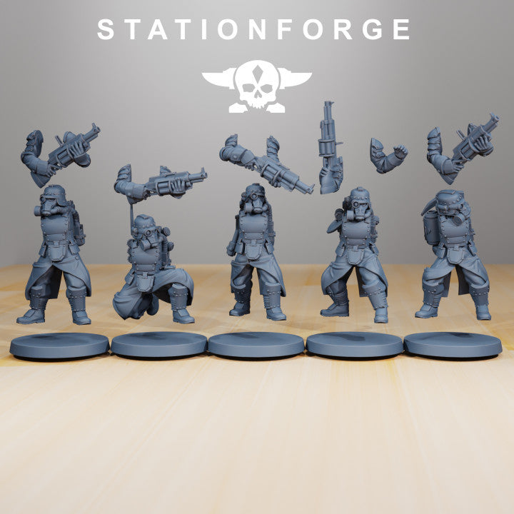 Grim Guard Tinkers, Imperial Army proxy miniature, infantry, 28mm heroic scale unpainted resin, view 3