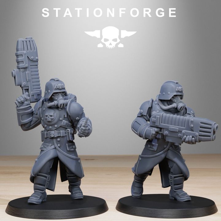 Grim Guard Bombardiers, Imperial Army proxy miniature, infantry, 28mm heroic scale unpainted resin, view 5