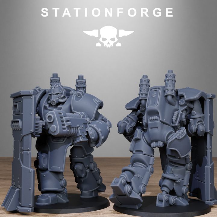 Grim Guard Power Armor, Imperial Army proxy miniature, infantry, 28mm heroic scale unpainted resin, view 2