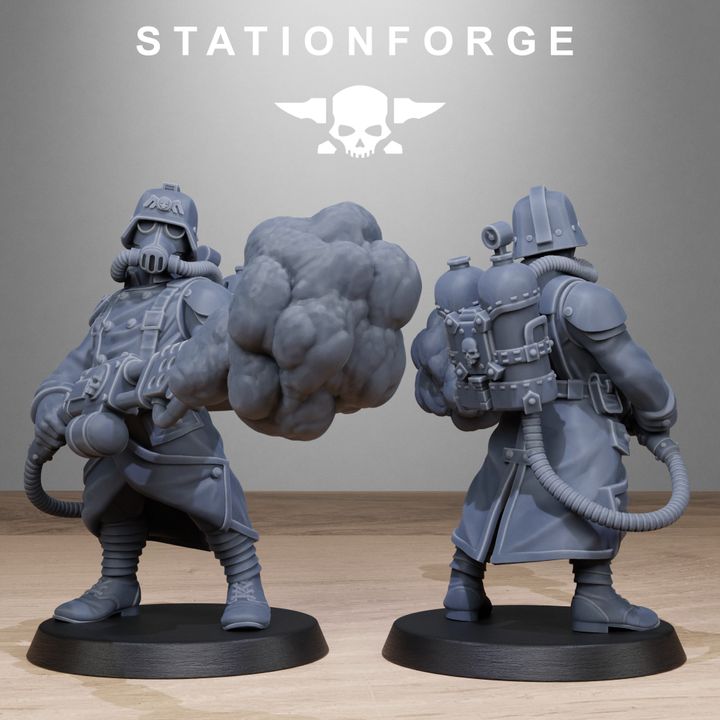 Grim Guard Flamers, Imperial Army proxy miniature, infantry, 28mm heroic scale unpainted resin, view 8