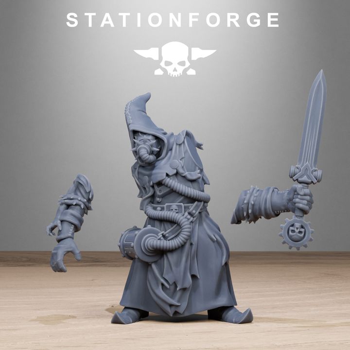 Scavenger Mystics, Tech Priests proxy miniature, 28mm heroic scale unpainted resin, view 2