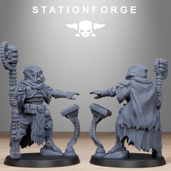 Scavenger Tech Magicians, Tech Priests proxy miniature, 28mm heroic scale unpainted resin, view 4