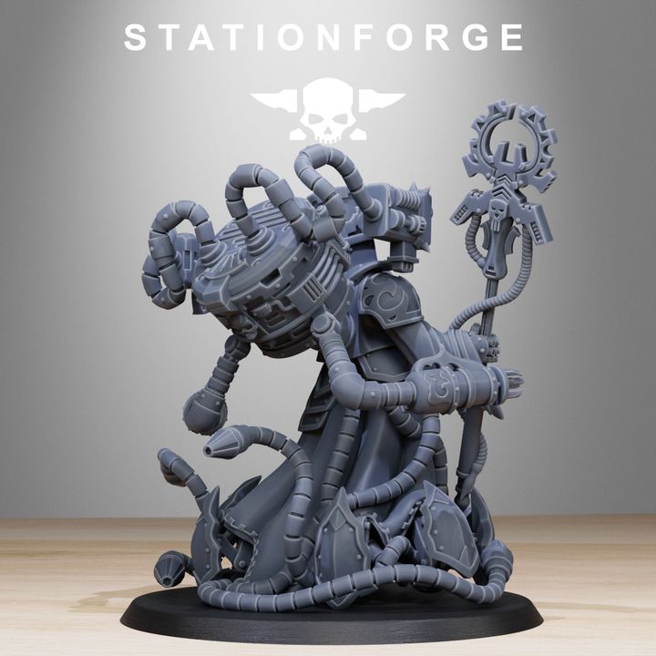 Scavenger Chaplain, Tech Priests proxy miniature, 28mm heroic scale unpainted resin, view 3
