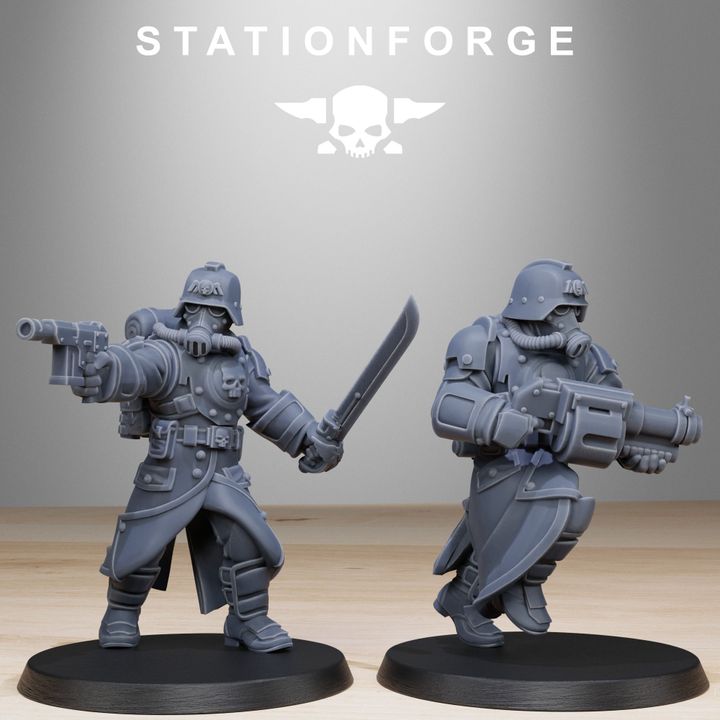 Grim Guard Bombardiers, Imperial Army proxy miniature, infantry, 28mm heroic scale unpainted resin, view 4