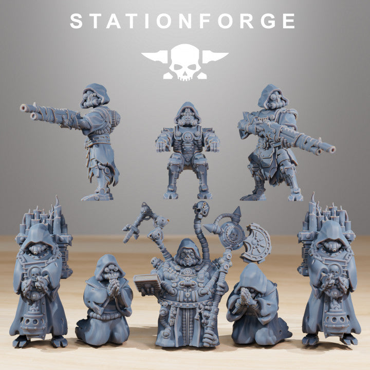 Scavenger Floating Chapel Crew, Tech Priests proxy miniature, squad, 28mm heroic scale unpainted resin, view 3