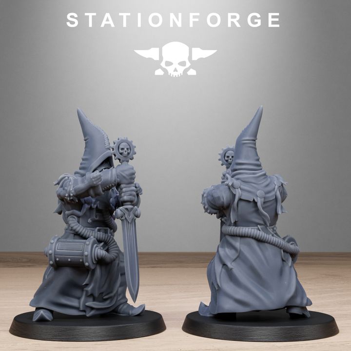 Scavenger Mystics, Tech Priests proxy miniature, 28mm heroic scale unpainted resin, view 4